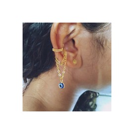 Gold Ear Cuff with Chain and Evil Eye - Non Piercing Clip on Cartilage Earrings for Men Women - Cartilage Earrings