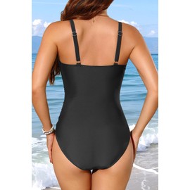 Tempt Me Womens One Piece Swimsuit - Tummy Control Bathing Suit V Neck Metal Twist Front 2025 Swimwear Black XL