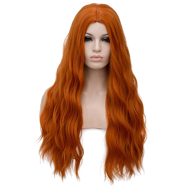 BERON 28" Women Girls Long Curly Wavy Wig Rose Net with Wig Cap (Orange)
