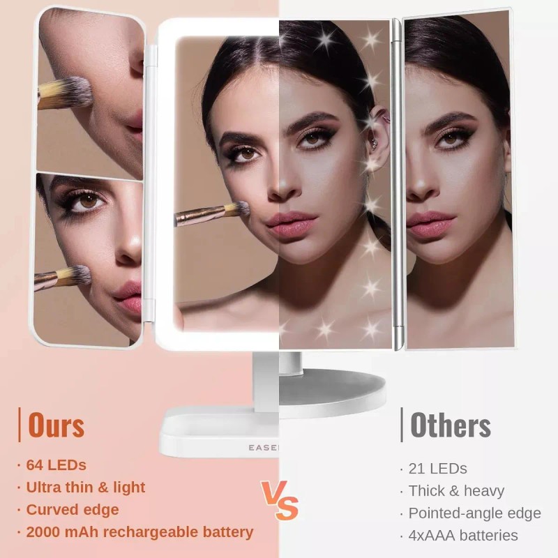 Espejo Para Maquillaje Con Luces Led Aumento 2+3x Plegable