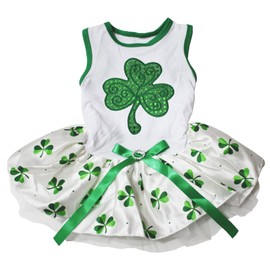 Petitebella - Vestido para perro de trébol de lentejuelas verdes (blanco/tréboles (lazo verde), pequeño)