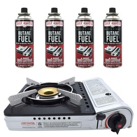 12,000 BTU Portable Butane Camping Stove with 4 x 8oz. Butane Fuel Canister Combo, Double Wind-Guard Portable Stove w/Carry Case for Road Trips, Camping, Tailgating & Emergencies by Chef Master 90235