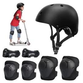 Udbrud Children's Protective Gear Set, Knee Pads, 7-in-1 Set, Shock and Impact Resistant for Skateboard, Longboard, Stunt Scooter, Bicycle, Roller Skates (Black)