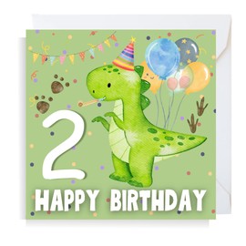 Second Ave Dinosaur 2nd Birthday Age 2 Square Children's Kids Birthday Greeting Card for Boy or Girl