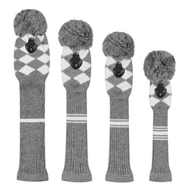 Scott Edward Golf Club Head Covers Set of 4 Grey White Argyles, Acrylic Yarn Double-Layers Knitted, with Rotatable Number Tags