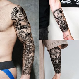 20 Sheets Large Black Wolf Tiger Lion Full Arm Temporary Tattoos For Men Women Thigh, Ship Zeus God Rose Flower Long Lasting Half Arm Sleeve Tattoos For Adults, 3D Waterproof Fake Tattoo Stickers