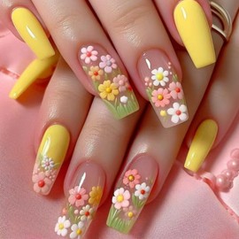 French Tip Press On Nails Fake Nails Medium Coffin with Yellow Nude Colored Flowers Designs Glossy Acrylic False Nails Glue on Nails Full Cover Thick Stick on Nails for Women Girls 24Pcs YS663