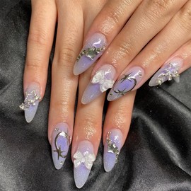 ANDGING Almond Press on Nails Ombre Purple Short Medium Glue on Nails with 3D Star Bow Rhinestone Designs Acrylic Manicure Fake Nails for Women Wedding Full Cover False Stick on Nails 24 Pcs