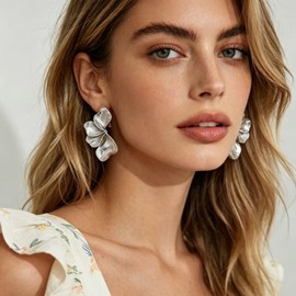 Enrwin Chunky Statement Sectored Flower Leaf Shell Angel Wing Clip Post Earrings Hypoallergenic Trendy Boho Drop Dangle Earrings for Women Wedding Bridal Party (Style1-Platinum Plated)