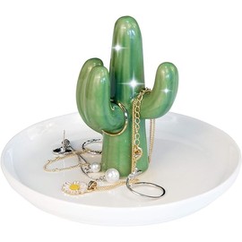 Ceramic Cactus Ring Holder for Jewelry - Ring Holder with Derorative White Dish Earrings,Bracelet,Trinket Tray,Display in Office Home Decor-Christmas Birthday Gift for Mom,Daddy,Friends WD22