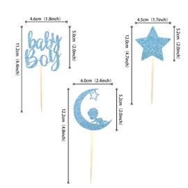 24 PCS Baby Shower Boy Cupcake Toppers with Moon Star Blue Glitter Baby Boy Cupcake Picks Baby Shower Boys Birthday Party Supplies
