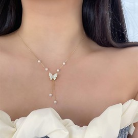 14k Gold Butterfly Pearl Pendant Necklace for Women Dainty Freshwater Pearl Long Y Necklaces Zircon Adjustable Butterfly Necklace Jewelry Gift (P1)