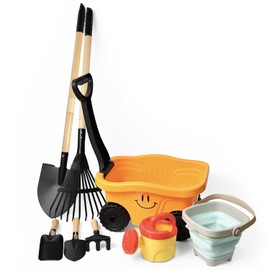 POMIKU Kids Wagon with Beach and Garden Tools Set, Kids Shovel for Digging, Rake, 8PCS Gardening Outdoor Toys for Ages 3-4