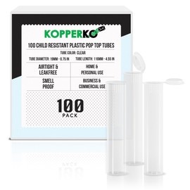 Kopperko 100 Pack 116mm Plastic Pop Top Tube - Child Resistant Smell Proof Containers for Herbs and Spices | UV and Moisture Resistant Medication Container | Airtight & Waterproof Storage | Clear
