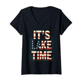 Womens It's Lake Time Patriotic American Flag USA 4th of July V-Neck T-Shirt
