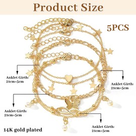 BelleVive 5 Piece 14K Gold Anklet Sets for Women, Adjustable, Layered, Infinity Anklet, Summer, Beach, Butterfly, Star, Ankle Chain, Jewellery Gifts