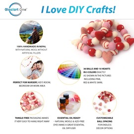 Glaciart One Valentine Felt Ball Garland with Swirl Balls - Handmade in Nepal Using New Zealand Wool - Reusable, Durable, Stylish & Versatile - Easy to Hang & Maintain - Red, White & Pink Set - 9ft