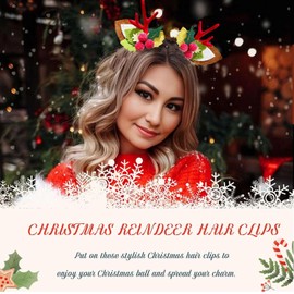 1PCS Christmas Hair Clips Reindeer Antlers Hair Accessories - ZWENJIE Cute Red Antlers Ears Hair Holder With Leaf Red Fruit Hairwear Holiday Headband Christmas Hairpins Deer Horns Barrette for Women