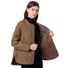 ROYAL MATRIX Women's Quilted Jacket Lightweight and Padded Trendy Coat Button Down Jacket with Pockets (Khaki, L)