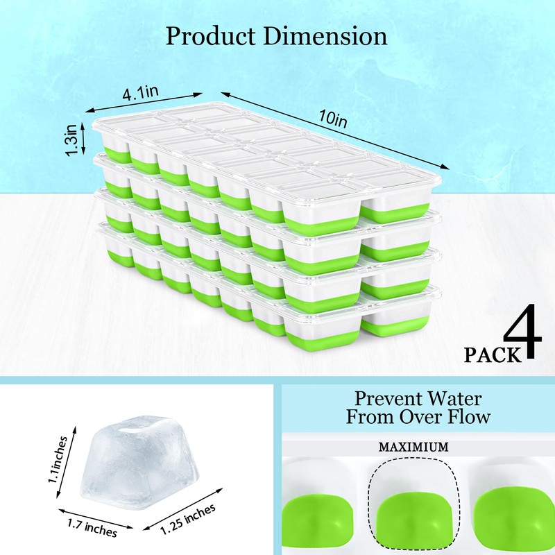 Ice Cube Tray with Lid and Bin, 4 Pack Premium