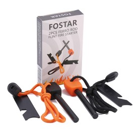 FOSTAR Ferrocerium Alloy Rod Fire Starter, 5/16 Inch Thick Waterproof Fire Steel, Bushcraft Ferro Rod with Easy Grip Handle, Multi-Tool Striker and Paracord Lanyard (2PCS, Black and Orange)