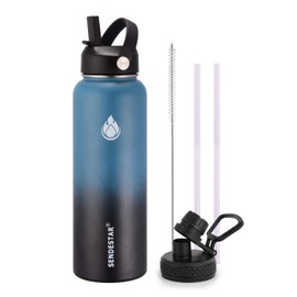 SENDESTAR Water Bottle 32oz Double Wall Vacuum Insulated Leak Proof Stainless Steel Sports Water Bottle—Wide Mouth with New Flex Straw Lid & Spout Lid (Deep Blue&Black)