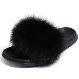 Valpeak Fur Slippers Slides For Women Open Toe Fuzzy Fur Slippers Girls Fluffy House Slides Outdoor (Black,7.5)