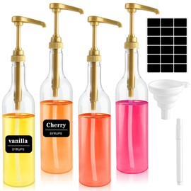 Akamino 4 Pack Syrup Dispenser for Coffee Bar,25.4 oz/750 ml Clear Syrup Dispenser with 1/3 oz Gold Pump, Funnel and Comprehensive Label for Coffee Bar Accessories Essentials