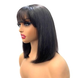 GZAmber Light Yaki Straight Bob Wig with Bangs Human Hair Realistic 1" X 2.5" Deep Lace Short Black Bob Wigs for Women (10 inch)