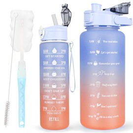 CodiCile Pack of 2 BPA-Free Water Bottles, 2 L + 750 ml, Sports Water Bottle with Time Marking & Straw, 3 Litre Drinking Bottle for Gym with Brush, Large Motivational Time Marker, Water Bottle