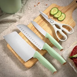Anuizxz Stainless Steel Kitchen Knife Set with Stand, Green Handles, 5-Piece
