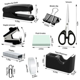 Black Office Desk Accessories, Black Office Supplies Set, Desk Drawer Organizer,Stapler and Tape Dispenser Set,Tape,Staple Remover, Staples, Paper Clips, Scissor and Sticky Note (Black)