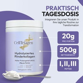 CellTriagen Collagen Pulver – Pure Glow Booster mit Vital Proteins Collagen Peptides, Kollagen Hydrolysat – Protein Pulver Neutral Taste, Typ 1, 2, 3 Ideal für Smoothies, Shakes (Zuckerfrei – 500 g)
