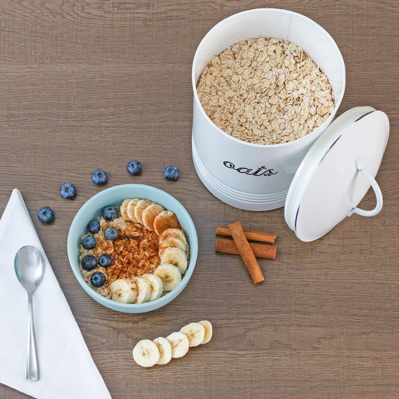 AuldHome Design Farmhouse Enamelware Oatmeal Canister (White); Rustic Distressed Style