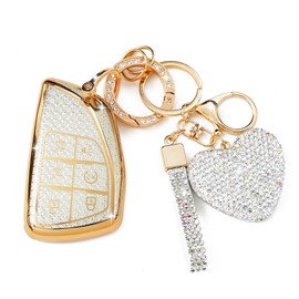 Simocky Key Fob Cover with Diamond Heart Keychain Car Key Shell Compatible with 2021-2024 Chevy Tahoe Suburban GMC Yukon Denali Silverado Buick Full Protector for Women (6 Buttons-Silver)