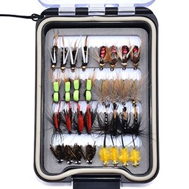 32/40/60/68pcs Fishing Flies Set Dry Wet Flies Nymphs, Streamers, Wooly Buggers, Terrestrials, Insect Lure Set (32pcs Assorted Flies in Fly Box)