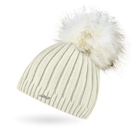 Neverless® Ladies Knitted Hat Lined Fur Pom Faux Fur Bobble Hat Fleece Lining, 15582 cream