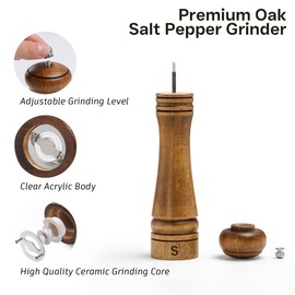 M JINGMEI Wooden Salt and Pepper Grinder Set, Premium Oak Wood Salt Grinders Shakers, Pepper Mill with S and P Engraving, Adjustable Ceramic Grinder – 10 inches, 2 Pack