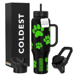 Coldest Tumbler with Handle and Straw - 100% Leak Proof Insulated Tumbler with Lid and Straw (3 Lids) - Stainless Steel Tumblers for Women & Men - Cup Holder Friendly Base, 46 oz (Glowie Paws)