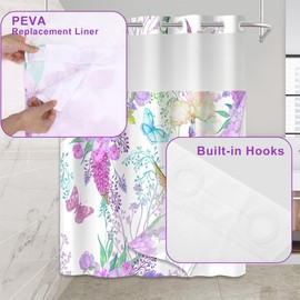 Mightree No Hook Shower Curtain Set with Snap in Fabric Liner for Bathroom,with See Through Top Window,Double Shower Curtain with Detachable Liner Replacement,Machine Washable,Purple,71"x 74"