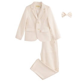 LOLANTA Boys Suit Wedding Ring Bearer Outfit Kids Suit Set, Plaid Blazer Suit Pants Bow Tie (Khaki 13-14 Years)