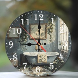 Lancholy 10-Inch Silent Wooden Wall Clock, Vintage Clock Face Serene Bathroom Scene ” Silent Non-Ticking Clock, Battery Operated (AA Batteries Not Included), Artistic Home Decor