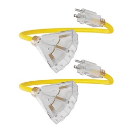 2Ft 2Pack 12 Gauge Outdoor Extension Cord with 3-Outlets, Heavy Duty 12/3 Extension Cord with Lighted end, 15A 12AWG 1875W SJTW, ETL Listed - Great for Garage, Garden and Home, Yellow