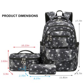 SIVENKE 3Pcs Middle School Schoolbag Star Printing Waterproof School Backpack Set with Lunch Pack & Pencil Case