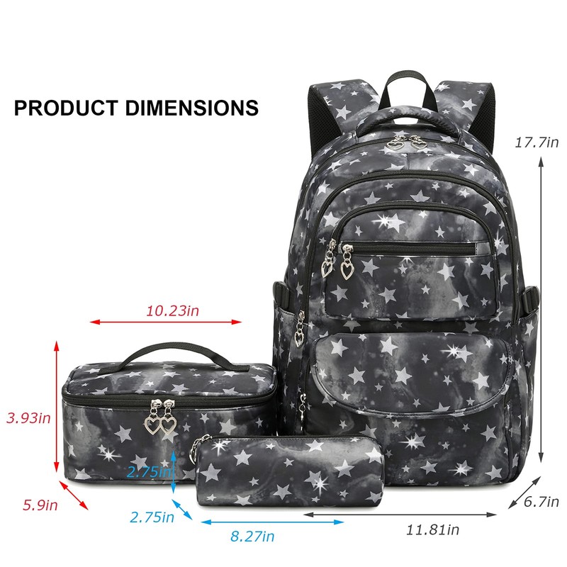 SIVENKE 3Pcs Middle School Schoolbag Star Printing Waterproof School Backpack