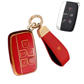 SANRILY Golden-edge TPU Key Fob Cover for Land Rover Discovery Sport and Jaguar XF F Pace Key Accessories Keyless Key Case Shell with Leather Keychain Red, Red