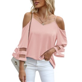 Jouica Womens Summer Tops Sheer Panel 3/4 Bell Sleeve Tops Cold Shoulder Loose Fit Shirts,Pink,Small