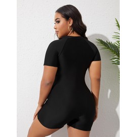 MakeMeChic Women's Plus Size One Piece Swimsuit Short Sleeve Zipper Front Shorts Bathing Suit Black and White 1XL