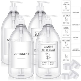 Nuenen Laundry Detergent Dispenser for Laundry Fabric Plastic Pump Laundry Soap Dispenser Laundry Detergent Dispenser with Lids and 36 Labels for Farmhouse Laundry Decor, White 64oz Set of 4(White)