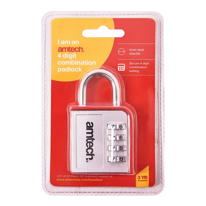 Amtech T1142 4 Digit zinc Combination Padlock Silver